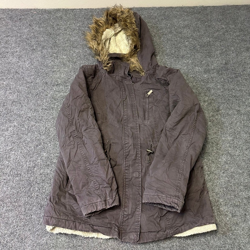 rue21 Parka Jacket Womens Size M Gray Sherpa Lined Faux Fur Trim Hooded Utility